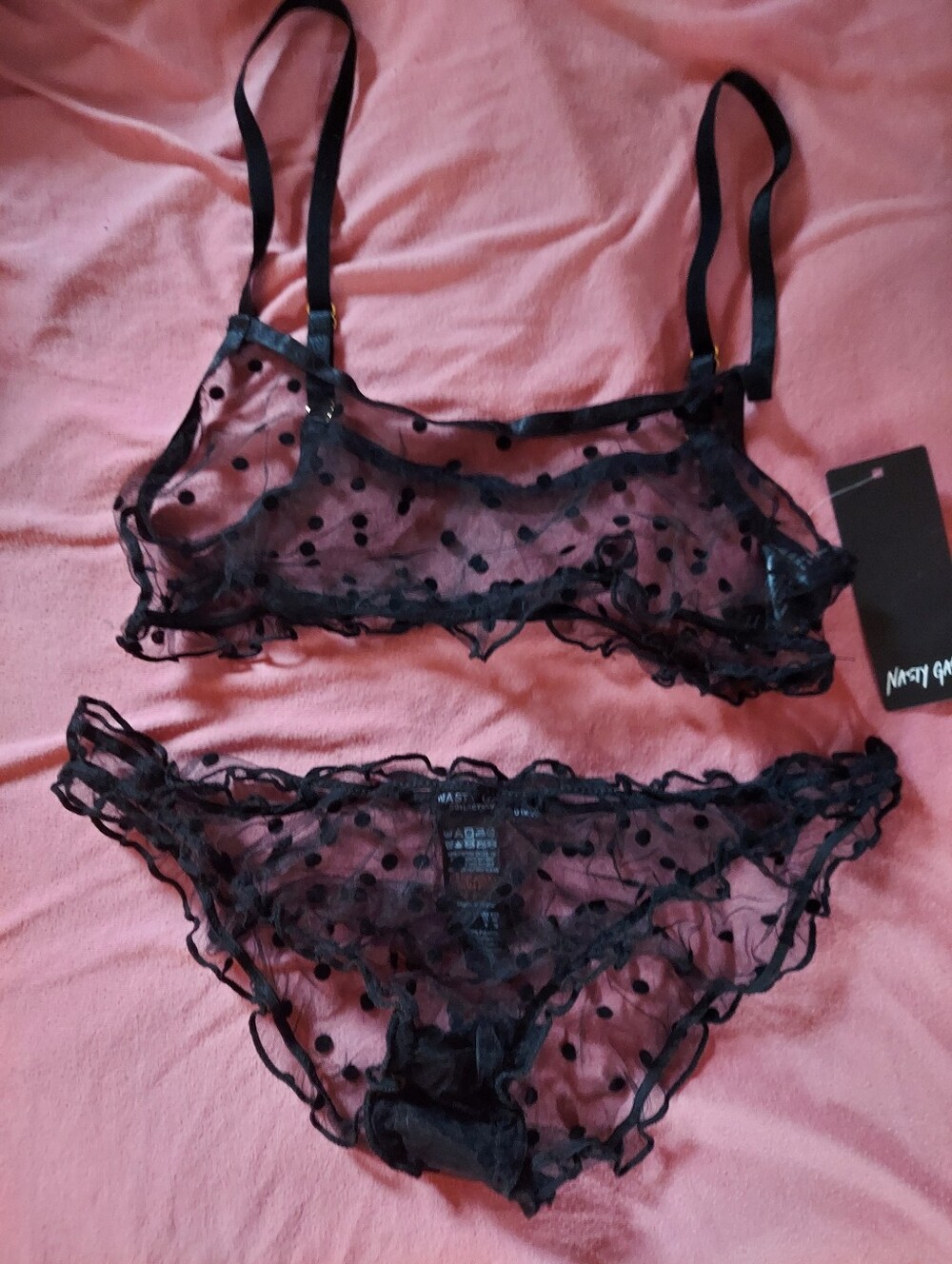 Nasty Gal Black Sheer Polka Dot Mesh Bralette & Bikini Set